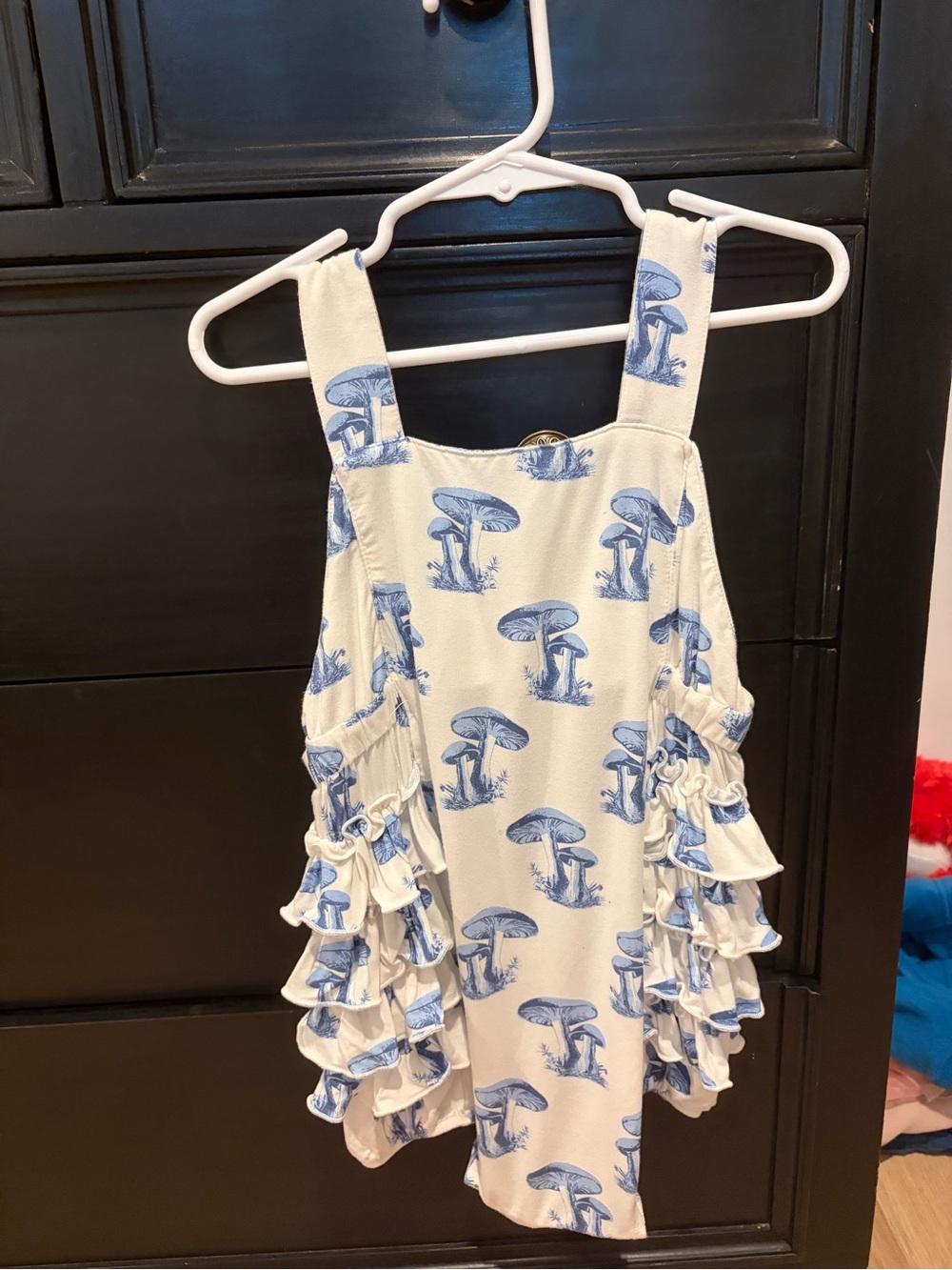 Girls Cream and Blue Mushroom Print Ruffle romper